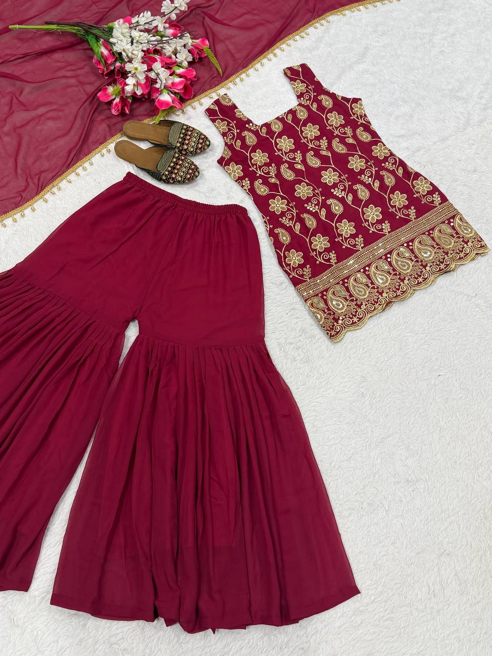 Deep Ruby Floral-Embroidered Silk Set